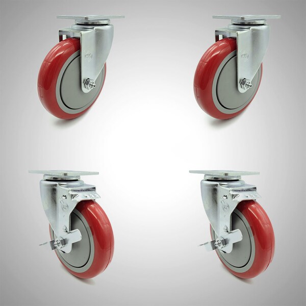 5 Inch SS Red Polyurethane Swivel Top Plate Caster Set with 2 Brakes SCC